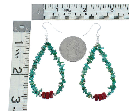 Navajo Sterling Silver Turquoise And Coral Bead Hook Dangle Earrings X10057